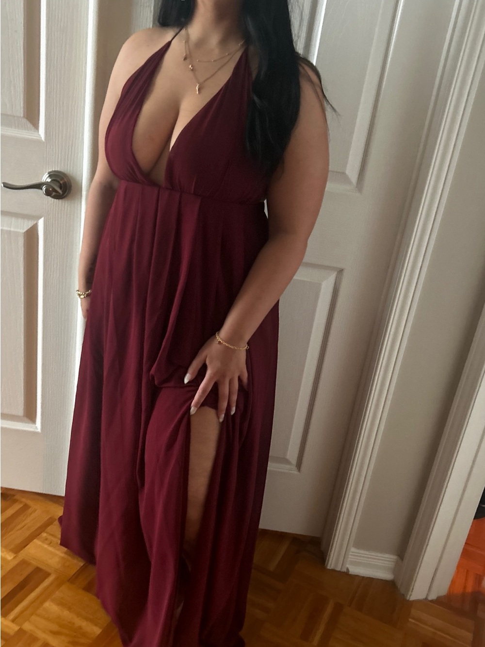 Boohoo Burgundy Halter Plunge Maxi Dress with Side Slit